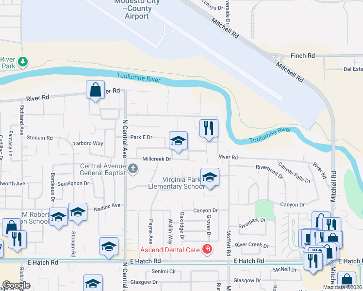 map of restaurants, bars, coffee shops, grocery stores, and more near 860 Autumn Grove Lane in Modesto