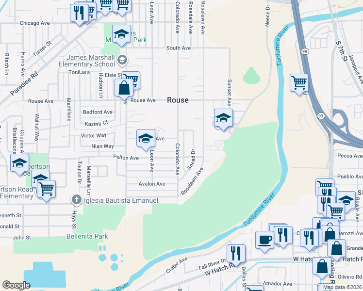 map of restaurants, bars, coffee shops, grocery stores, and more near 921 Middlecoff Avenue in Modesto