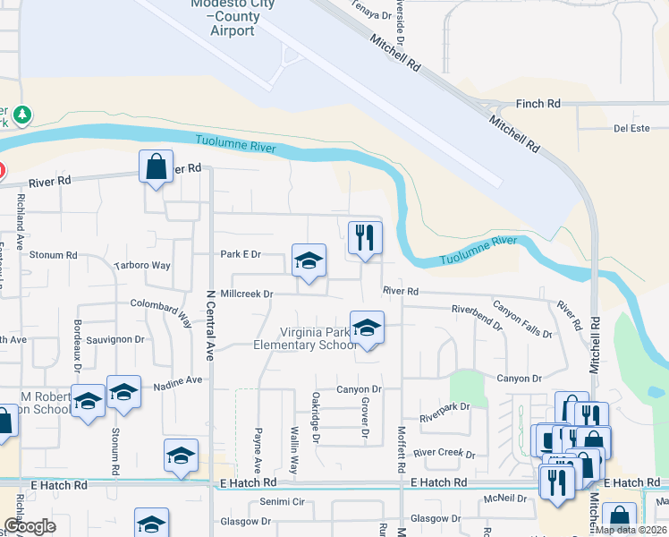 map of restaurants, bars, coffee shops, grocery stores, and more near 2438 Whitewater Way in Modesto