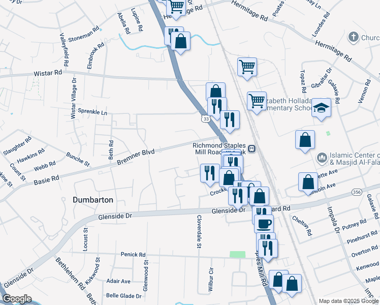 map of restaurants, bars, coffee shops, grocery stores, and more near 4109 Bremner Boulevard in Henrico