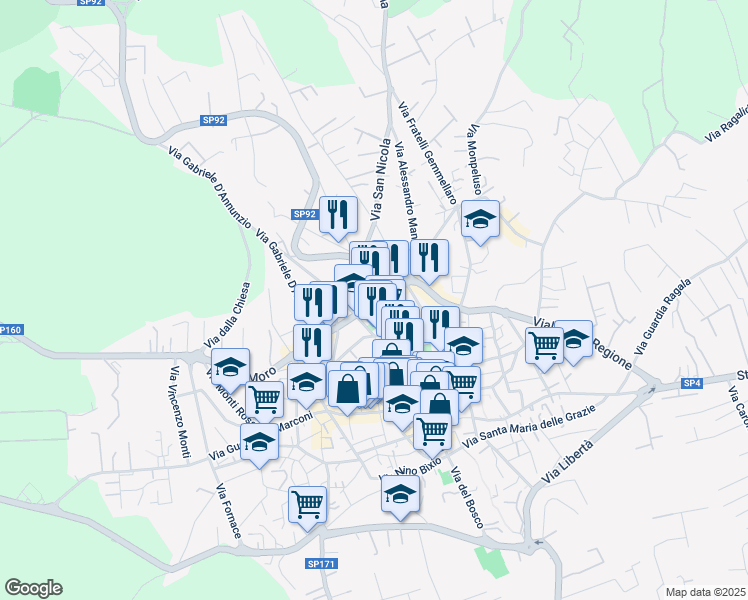 map of restaurants, bars, coffee shops, grocery stores, and more near 20 Viale della Regione in Nicolosi