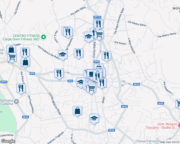 map of restaurants, bars, coffee shops, grocery stores, and more near 45 Piazza Aldo Moro in Trecastagni