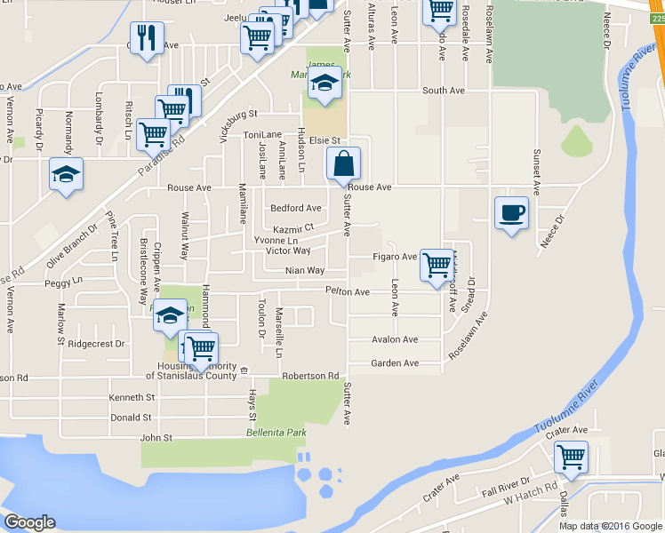 map of restaurants, bars, coffee shops, grocery stores, and more near 1510 Nian Way in Modesto