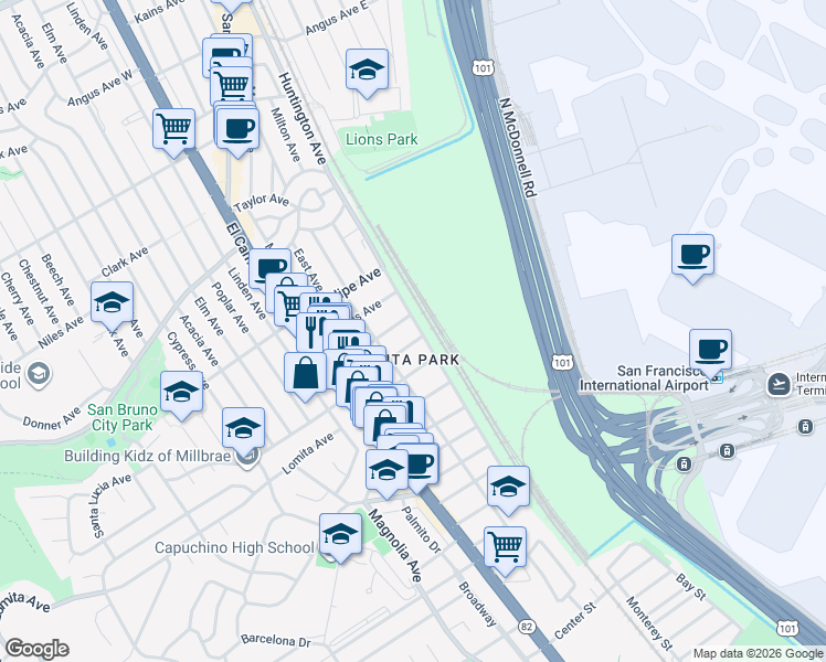 map of restaurants, bars, coffee shops, grocery stores, and more near 225 Santa Dominga Avenue in San Bruno