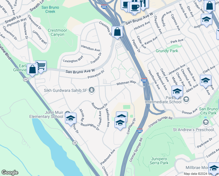 map of restaurants, bars, coffee shops, grocery stores, and more near 150 Eastburn Court in San Bruno