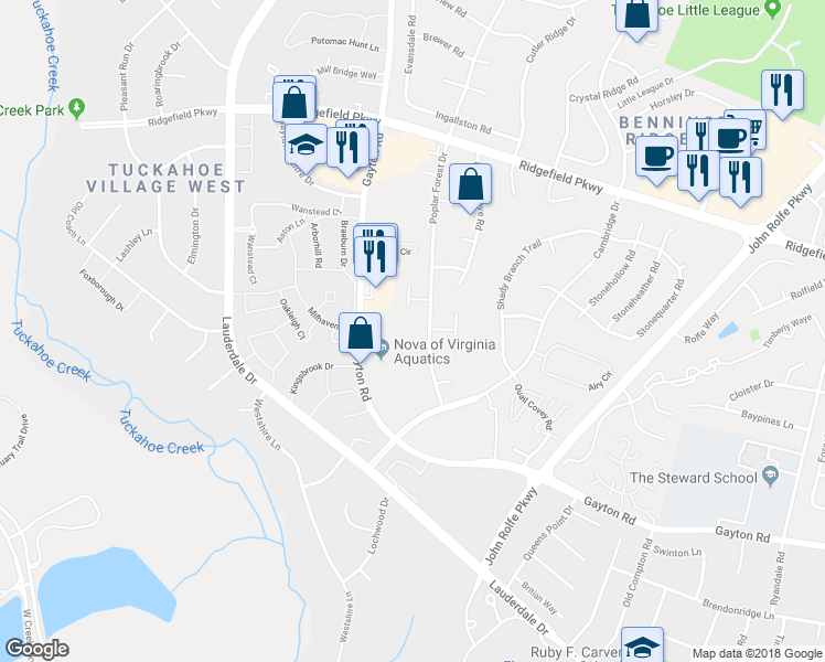 map of restaurants, bars, coffee shops, grocery stores, and more near 1708 Choate Place in Henrico