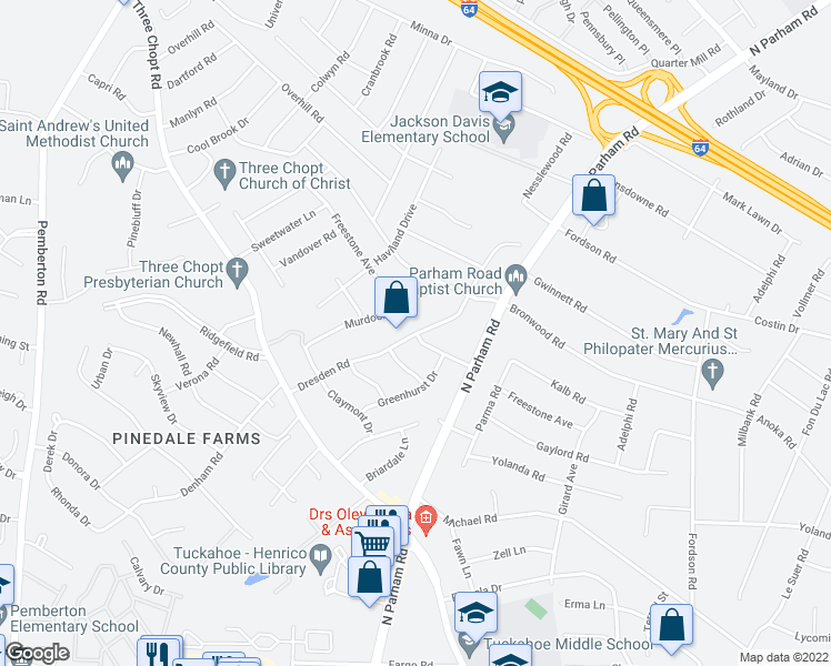 map of restaurants, bars, coffee shops, grocery stores, and more near 1918 Dresden Road in Henrico