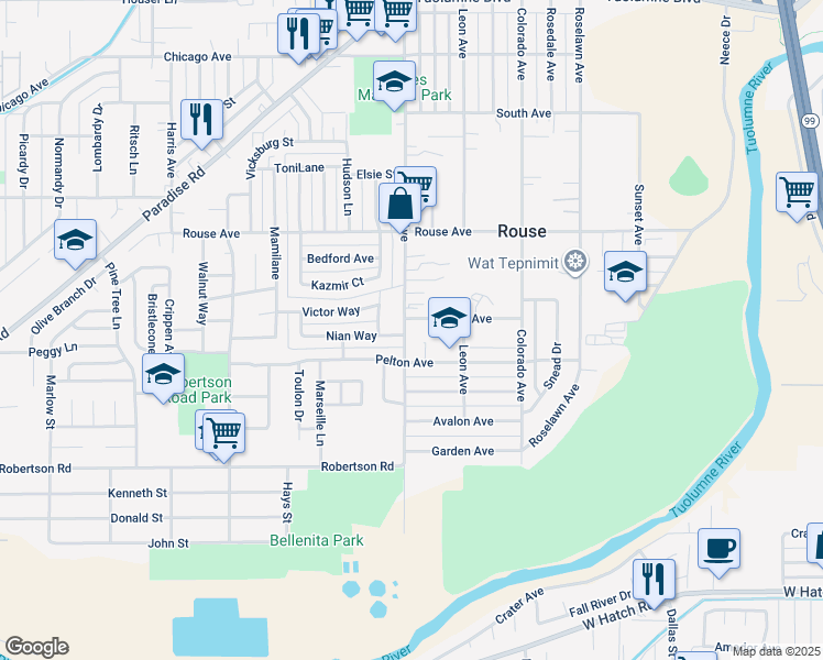 map of restaurants, bars, coffee shops, grocery stores, and more near 905 Sutter Avenue in Modesto