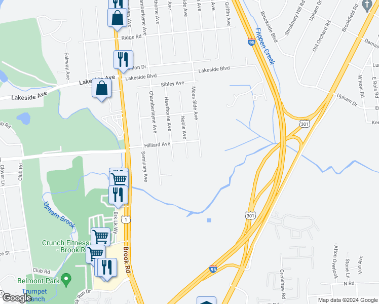 map of restaurants, bars, coffee shops, grocery stores, and more near 5421 Noble Avenue in Richmond