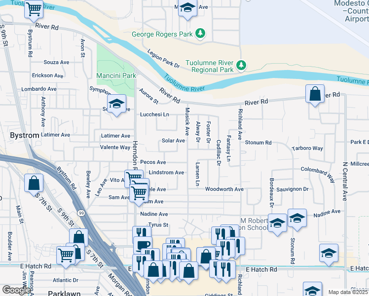 map of restaurants, bars, coffee shops, grocery stores, and more near 824 Musick Avenue in Modesto