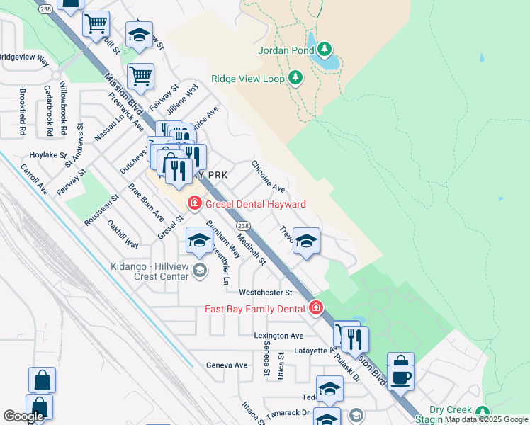map of restaurants, bars, coffee shops, grocery stores, and more near 584 Eleanor Place in Hayward