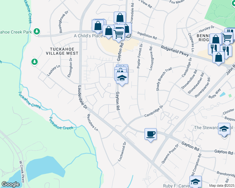 map of restaurants, bars, coffee shops, grocery stores, and more near Gayton Rd & Milhaven Dr in Tuckahoe