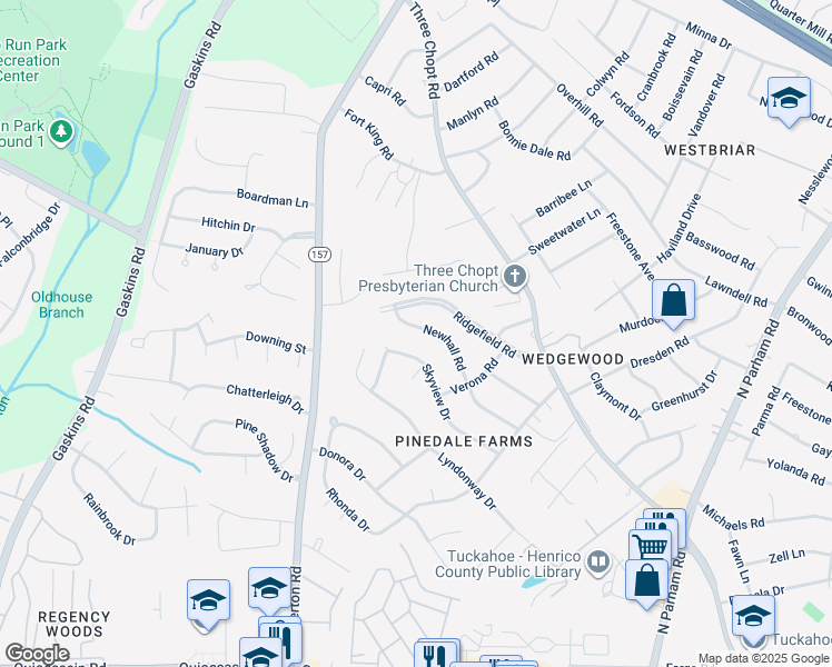map of restaurants, bars, coffee shops, grocery stores, and more near 9519 Newhall Road in Richmond
