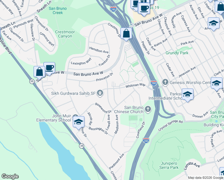 map of restaurants, bars, coffee shops, grocery stores, and more near 2261 Whitman Way in San Bruno