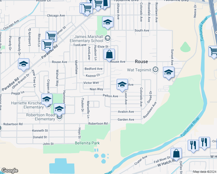 map of restaurants, bars, coffee shops, grocery stores, and more near 1510 Nian Way in Modesto