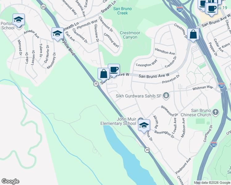 map of restaurants, bars, coffee shops, grocery stores, and more near 752 Glenview Drive in San Bruno
