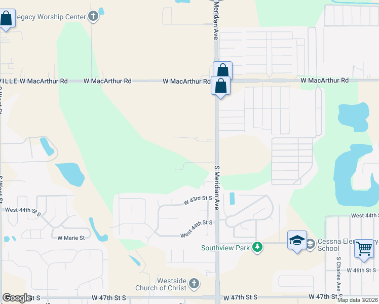 map of restaurants, bars, coffee shops, grocery stores, and more near 4303 South Meridian Avenue in Wichita