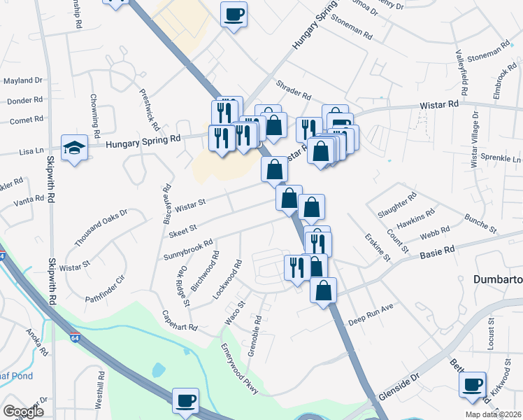 map of restaurants, bars, coffee shops, grocery stores, and more near 2611 Sunnybrook Road in Richmond