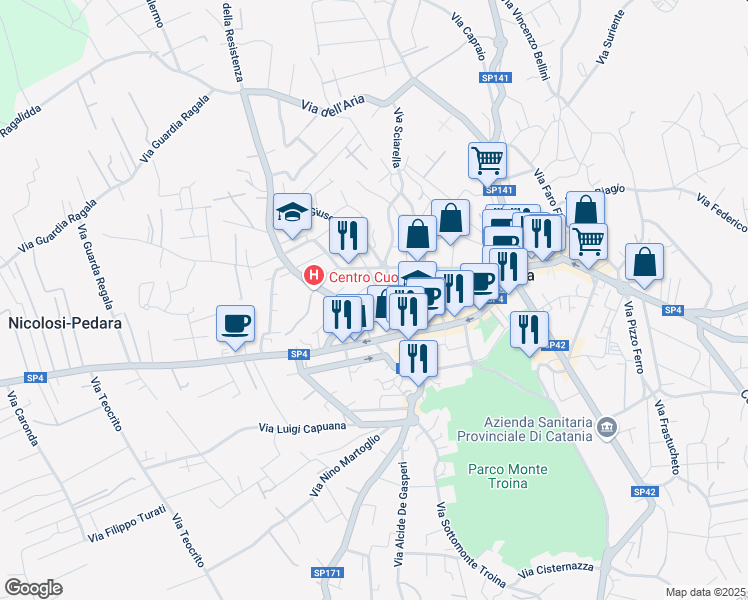 map of restaurants, bars, coffee shops, grocery stores, and more near 52 Via Perriera in Pedara
