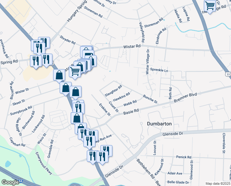 map of restaurants, bars, coffee shops, grocery stores, and more near 3309 Slaughter Road in Richmond