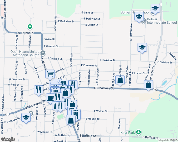 map of restaurants, bars, coffee shops, grocery stores, and more near 399 North Boston Avenue in Bolivar