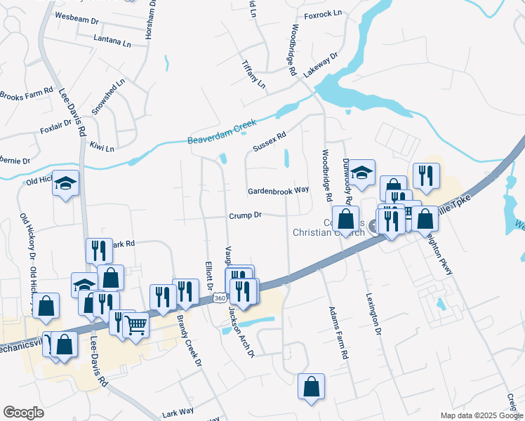 map of restaurants, bars, coffee shops, grocery stores, and more near 6766 Crump Drive in Mechanicsville