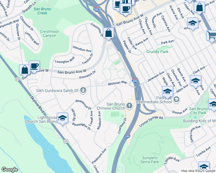 map of restaurants, bars, coffee shops, grocery stores, and more near 2161 Whitman Way in San Bruno