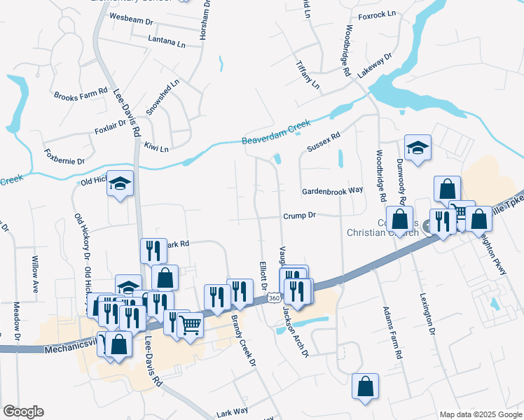 map of restaurants, bars, coffee shops, grocery stores, and more near 8028 Elliott Drive in Mechanicsville