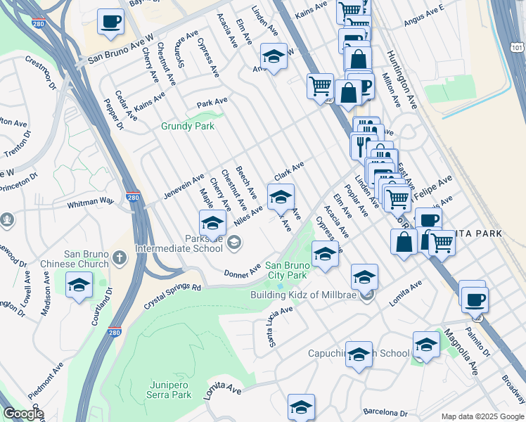 map of restaurants, bars, coffee shops, grocery stores, and more near 1375 Niles Avenue in San Bruno