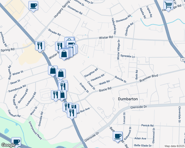 map of restaurants, bars, coffee shops, grocery stores, and more near 3309 Slaughter Road in Richmond