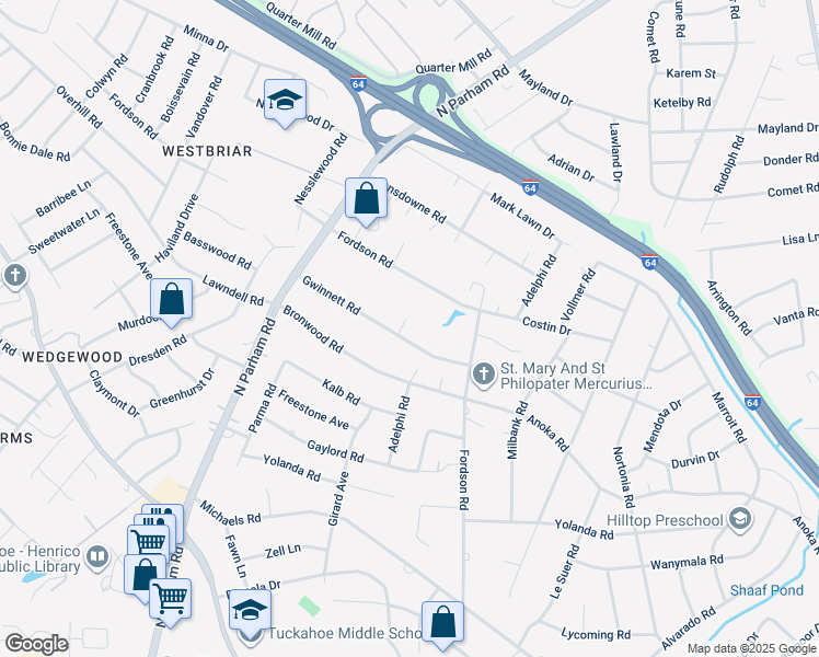 map of restaurants, bars, coffee shops, grocery stores, and more near 8306 Gwinnett Road in Richmond