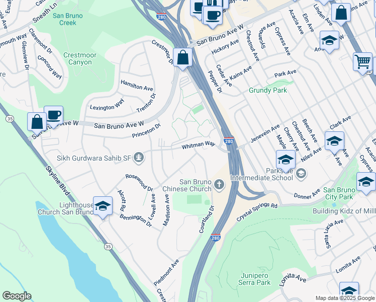 map of restaurants, bars, coffee shops, grocery stores, and more near 2160 Rosewood Drive in San Bruno