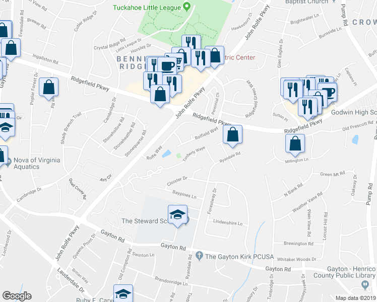 map of restaurants, bars, coffee shops, grocery stores, and more near 11634 Timberly Waye in Richmond