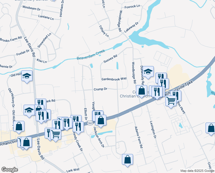 map of restaurants, bars, coffee shops, grocery stores, and more near 6766 Crump Drive in Mechanicsville