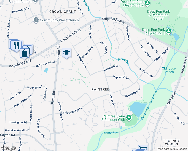 map of restaurants, bars, coffee shops, grocery stores, and more near 10311 Windbluff Drive in Richmond
