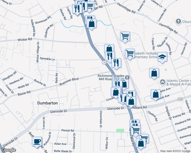 map of restaurants, bars, coffee shops, grocery stores, and more near 4109 Bremner Boulevard in Henrico