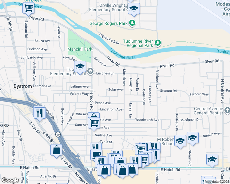 map of restaurants, bars, coffee shops, grocery stores, and more near 1428 Vlach Way in Modesto