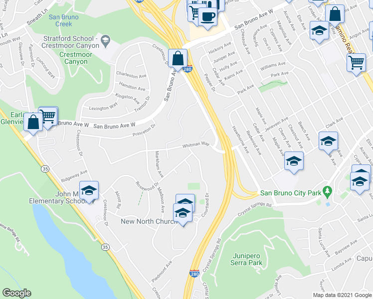map of restaurants, bars, coffee shops, grocery stores, and more near 5213 Shelter Creek Lane in San Bruno