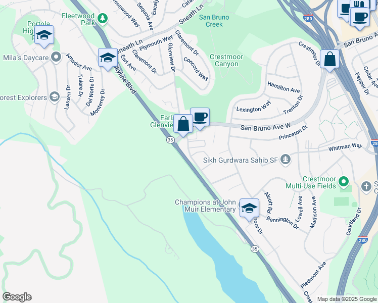 map of restaurants, bars, coffee shops, grocery stores, and more near 832 Skycrest Drive in San Bruno