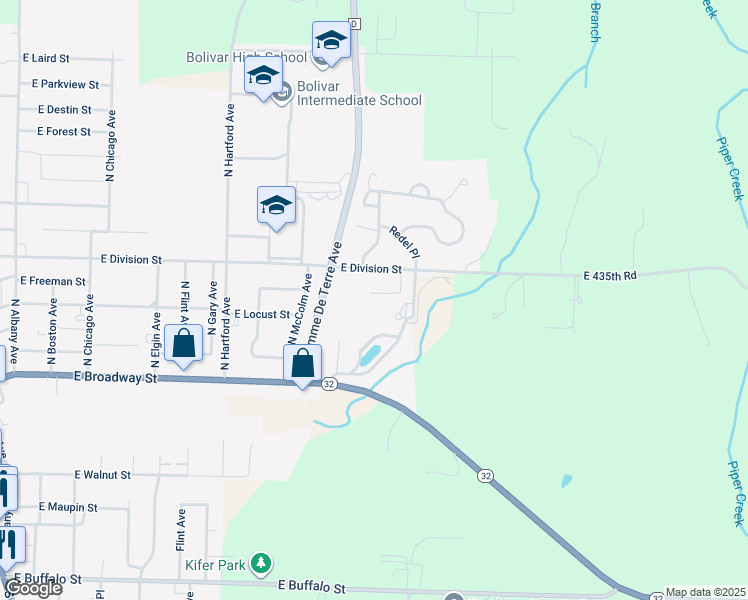 map of restaurants, bars, coffee shops, grocery stores, and more near 1900 East Division Street in Bolivar