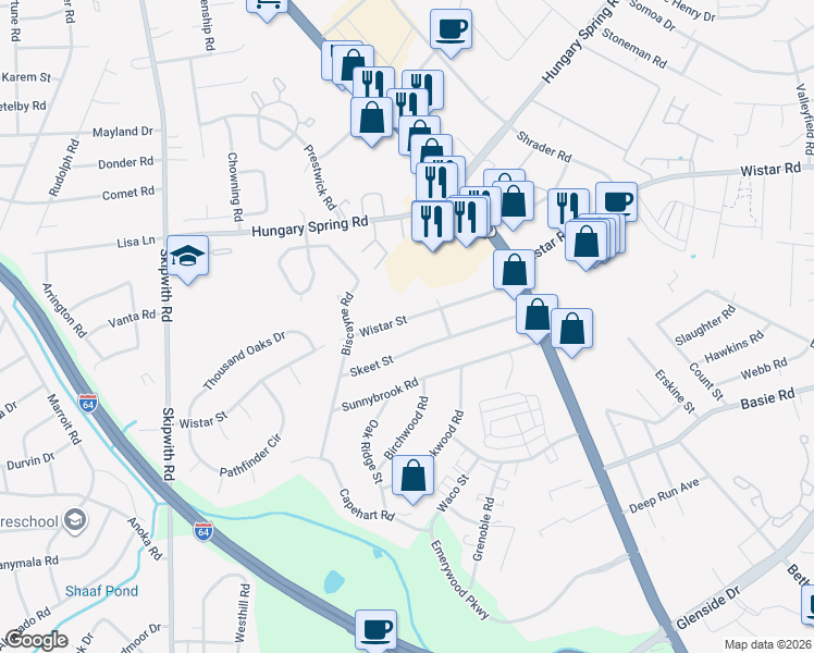 map of restaurants, bars, coffee shops, grocery stores, and more near 2502 Wistar Street in Richmond