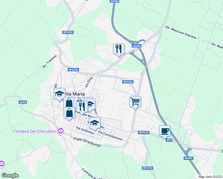 map of restaurants, bars, coffee shops, grocery stores, and more near Via Caduti di Fani in Province of Catania