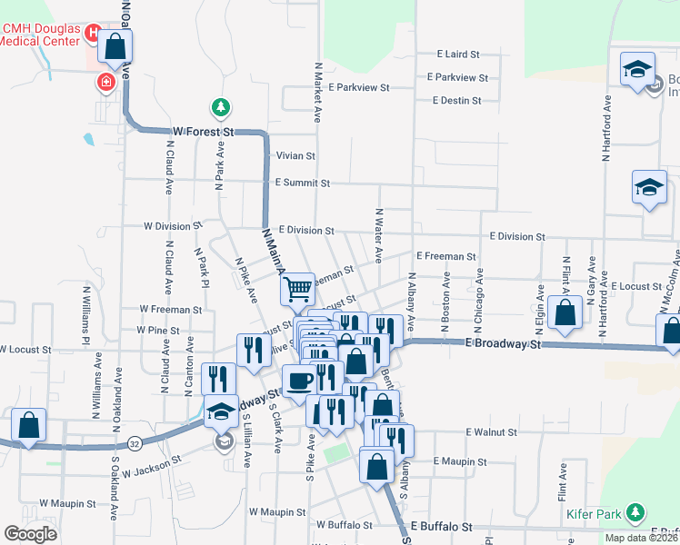 map of restaurants, bars, coffee shops, grocery stores, and more near 500 North Benton Avenue in Bolivar
