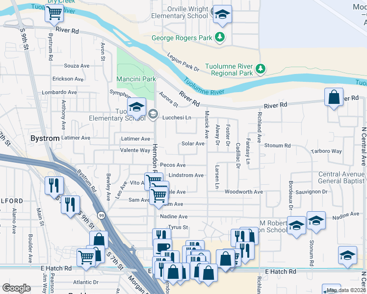 map of restaurants, bars, coffee shops, grocery stores, and more near 1400 Vlach Way in Modesto