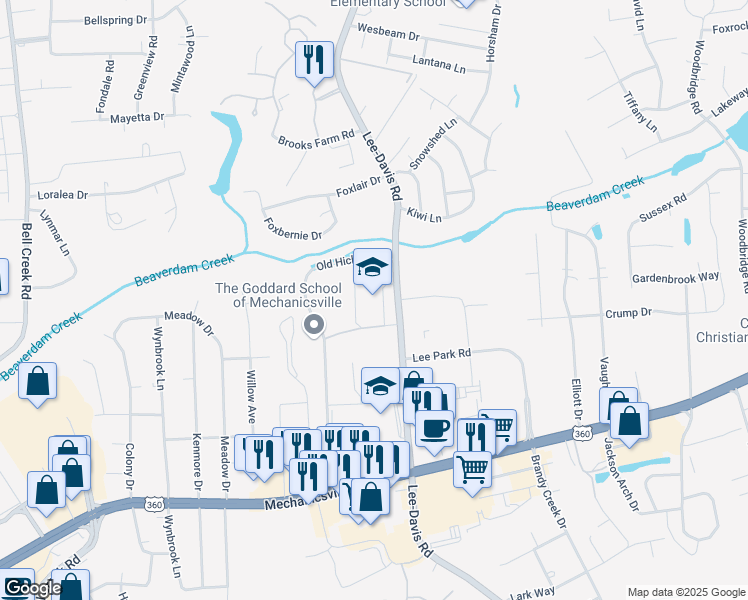 map of restaurants, bars, coffee shops, grocery stores, and more near 8021 Lee Davis Road in Mechanicsville