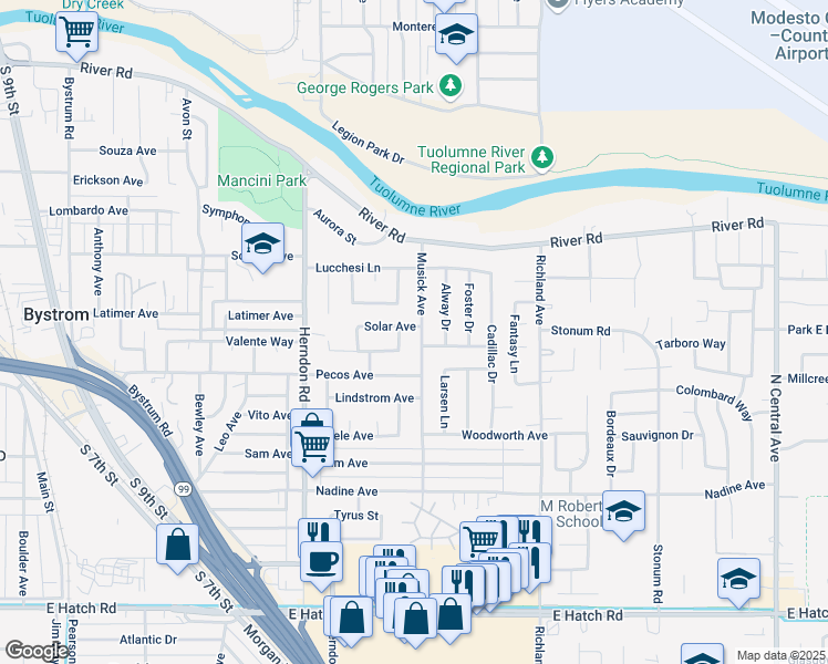 map of restaurants, bars, coffee shops, grocery stores, and more near 740 Musick Avenue in Modesto