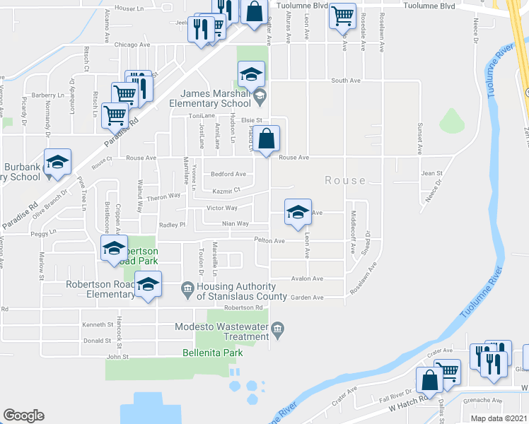 map of restaurants, bars, coffee shops, grocery stores, and more near 808 Clementa Way in Modesto