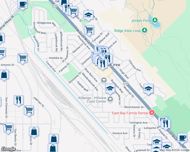 map of restaurants, bars, coffee shops, grocery stores, and more near 31039 Everett Court in Hayward
