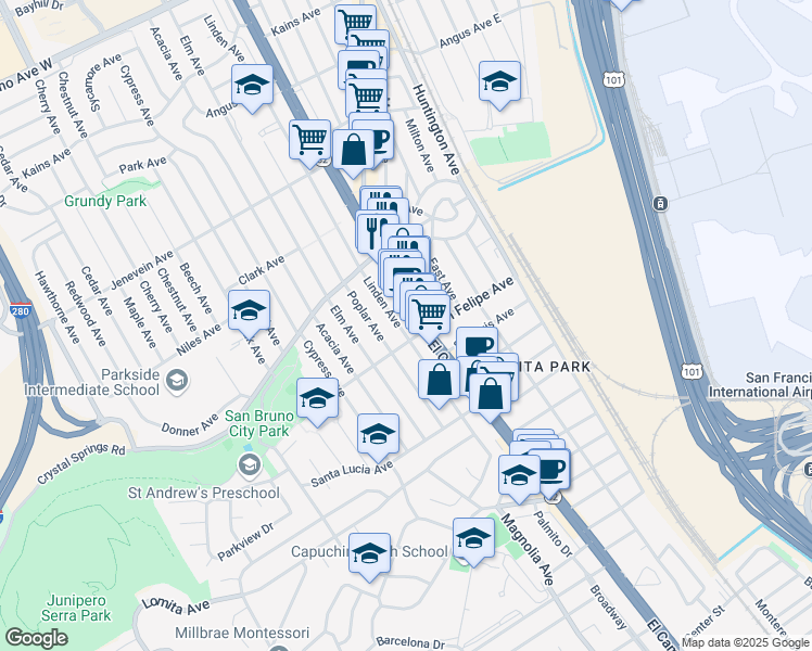 map of restaurants, bars, coffee shops, grocery stores, and more near 236 California 82 in San Bruno