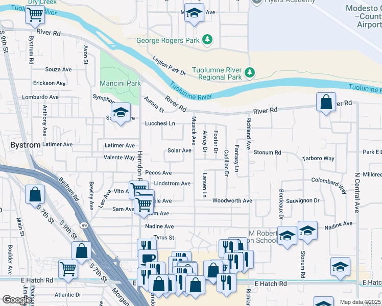 map of restaurants, bars, coffee shops, grocery stores, and more near 740 Musick Avenue in Modesto